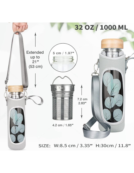 Botella de Agua de Vidrio Borosilicato Reeho 1000ml con Infusor