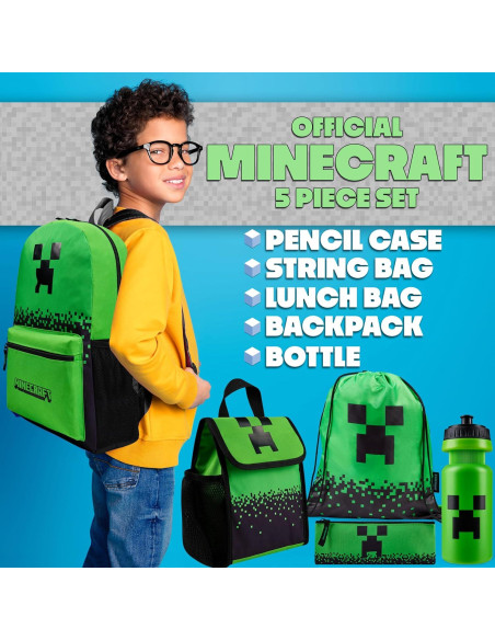Conjunto de Mochilas Minecraft 5 Piezas Verde con Accesorios