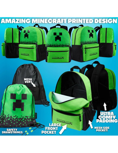 Conjunto de Mochilas Minecraft 5 Piezas Verde con Accesorios