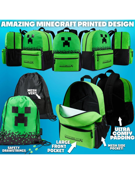 Conjunto de Mochilas Minecraft 5 Piezas Verde con Accesorios