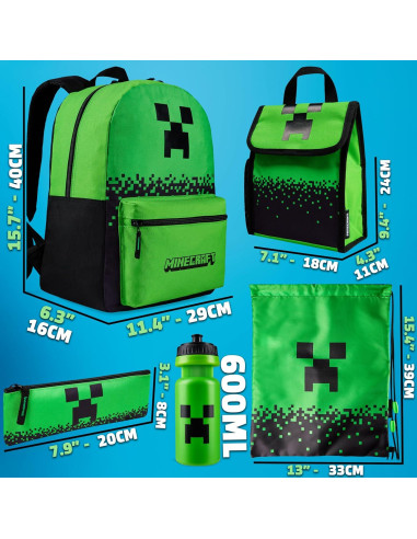 Conjunto de Mochilas Minecraft 5 Piezas Verde con Accesorios