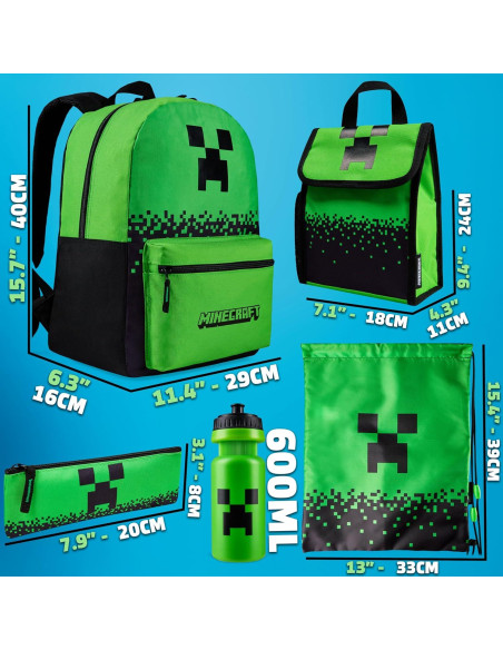 Conjunto de Mochilas Minecraft 5 Piezas Verde con Accesorios