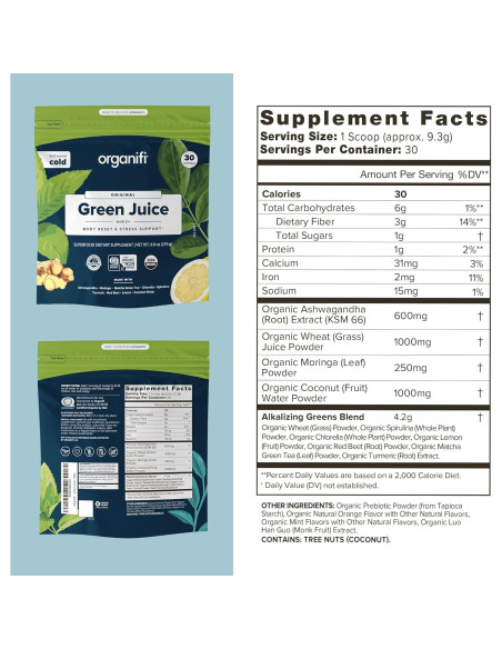 Organifi Jugo Verde - Polvo Orgánico 30 Porciones - Control de Estrés
