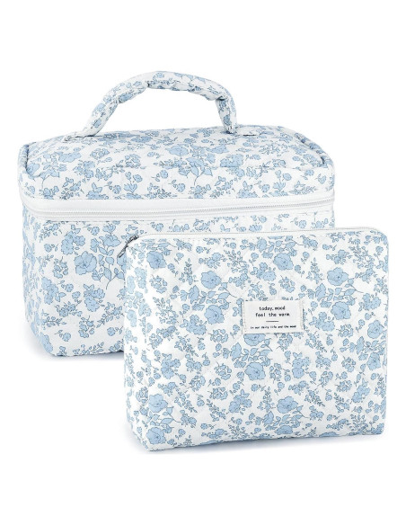 Juego de 2 bolsas de maquillaje acolchadas URSKYTOUS - Floral Azul