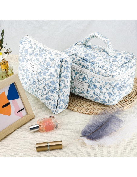 Juego de 2 bolsas de maquillaje acolchadas URSKYTOUS - Floral Azul