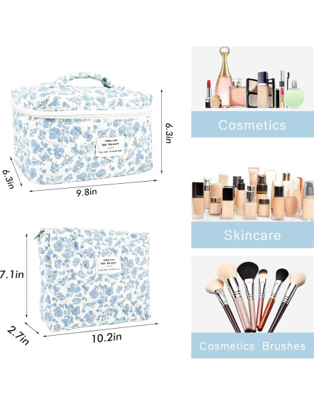 Juego de 2 bolsas de maquillaje acolchadas URSKYTOUS - Floral Azul