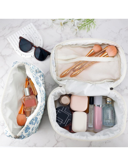 Juego de 2 bolsas de maquillaje acolchadas URSKYTOUS - Floral Azul