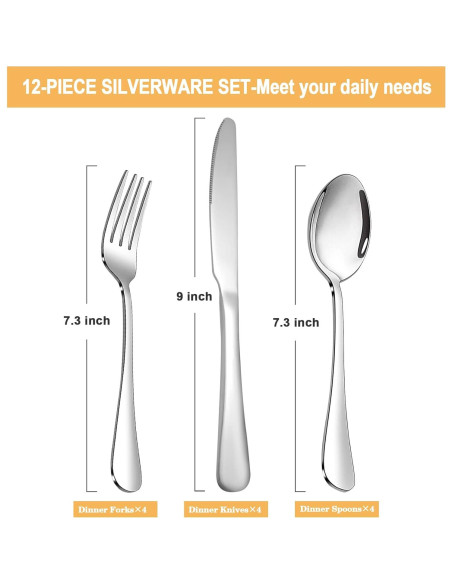 Juego de Cubiertos SANTUO 12 Piezas Acero Inoxidable Apto Lavavajillas