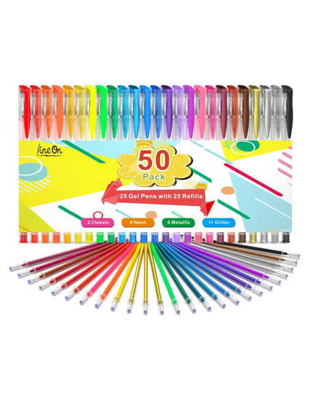 Set de 50 Bolígrafos de Gel Lineon Multicolor con 25 Recargas