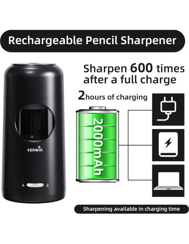 Sacapuntas Eléctrico Recargable Tenwin Negro para Lápices 7-11.5mm