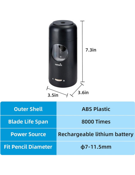 Sacapuntas Eléctrico Recargable Tenwin Negro para Lápices 7-11.5mm
