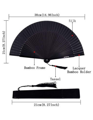 Abanico Plegable de Bambú y Seda Amajiji 21cm Negro
