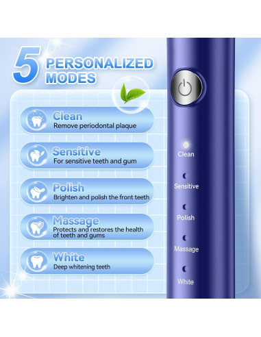 Cepillo de dientes eléctrico JTF azul con 6 cabezales y 5 modos