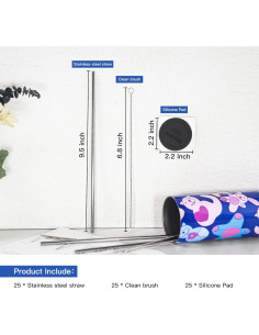 Paquete de 25 Popotes Reutilizables AGH Acero Inoxidable 24.1 cm 2