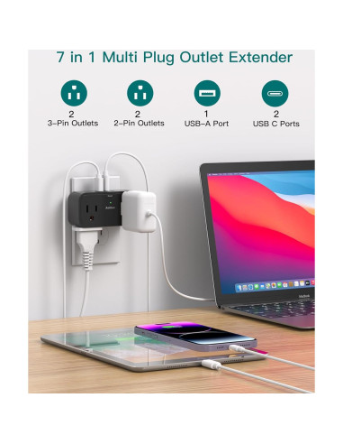 Regleta de Viaje Addtam 4 Salidas AC 3 USB para Cruceros