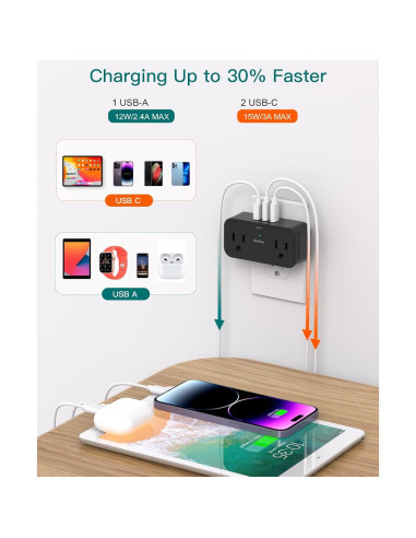 Regleta de Viaje Addtam 4 Salidas AC 3 USB para Cruceros