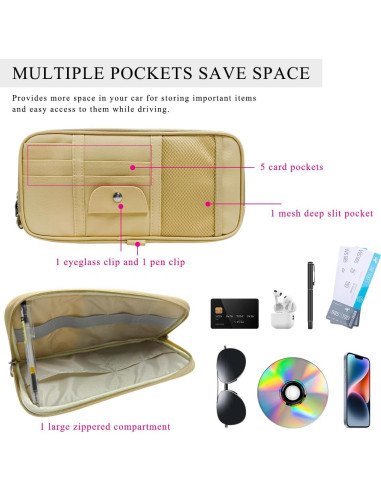 Organizador de Visera de Coche DXNQ Beige con Múltiples Bolsillos