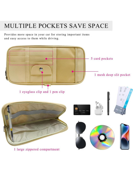 Organizador de Visera de Coche DXNQ Beige con Múltiples Bolsillos