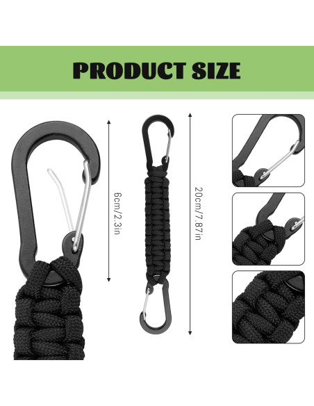 Paquete de 6 Llaveros de Paracord Negro con Clips y Carabineros