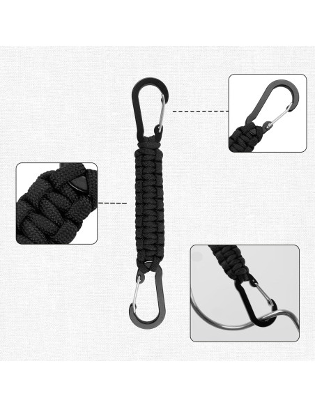 Paquete de 6 Llaveros de Paracord Negro con Clips y Carabineros