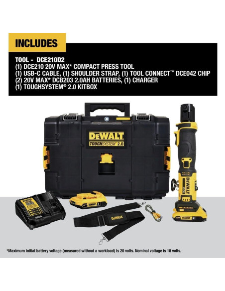Herramienta de Prensa Compacta DEWALT 20V MAX DCE210D2 con 2 Baterías