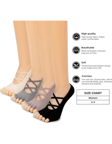 Calcetines Antideslizantes para Pilates y Yoga Mujeres 4 Pzs