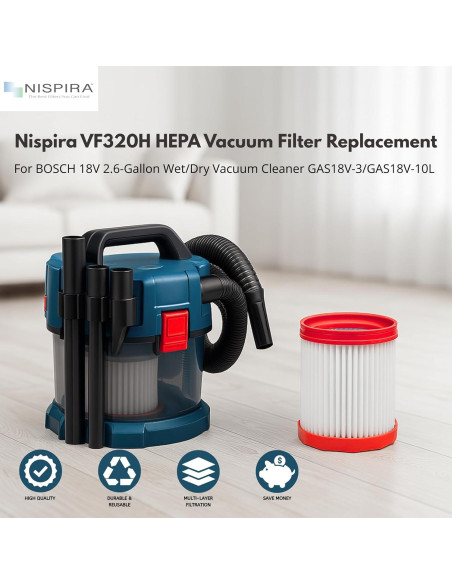 Filtro HEPA Nispira VF320H para Aspiradora Bosch 18V 2.6L