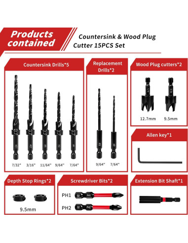 Juego de Brocas de Avellanado TEWORDA 15 Piezas HSS Nitrurado
