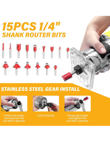 Router Inalámbrico Dewalt 20V 800W 30,000 RPM con 15 Brocas