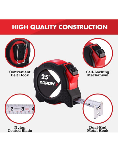 Cinta Métrica Auto-Bloqueo Arrow 7.62m Doble Cara con Clip