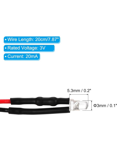 Diodos LED 3mm PATIKIL Luz Azul 20 Pcs 3V Pre Cableados