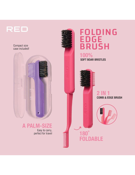 Peine Plegable y Cepillo de Bordes Red by Kiss Rosa 2-en-1