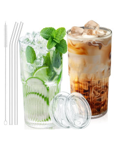 Set de 2 Tazas de Vidrio 550ml Luiaiog con Tapas y Popotes