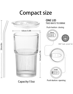 Set de 2 Tazas de Vidrio 550ml Luiaiog con Tapas y Popotes 2