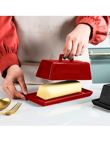 Plato para Mantequilla con Tapa Eeaivnm Cerámica 19.3x9.4 cm Rojo