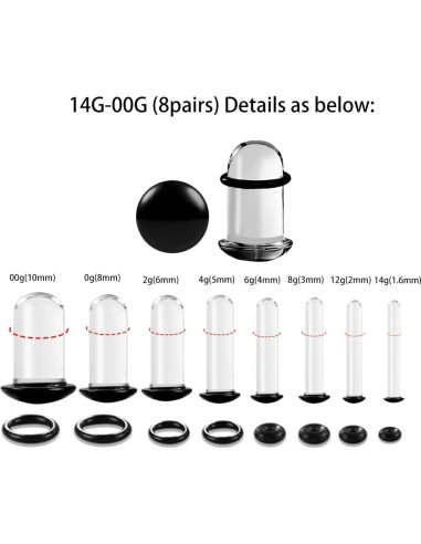 Kit de Estiramiento de Orejas de Vidrio 14G-00G 8 Pares