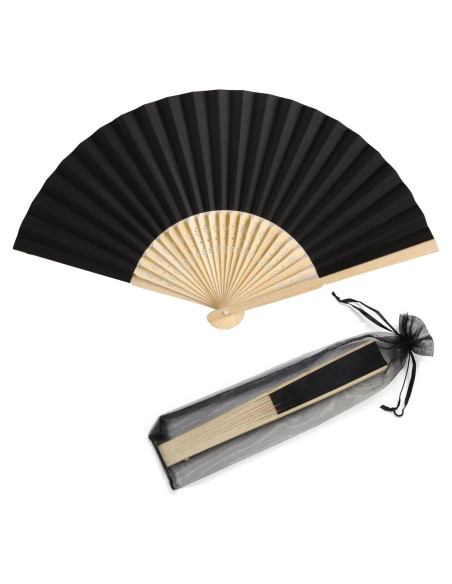 50 Abanicos de Papel Negro con Bolsas de Organza - Decoración Boda