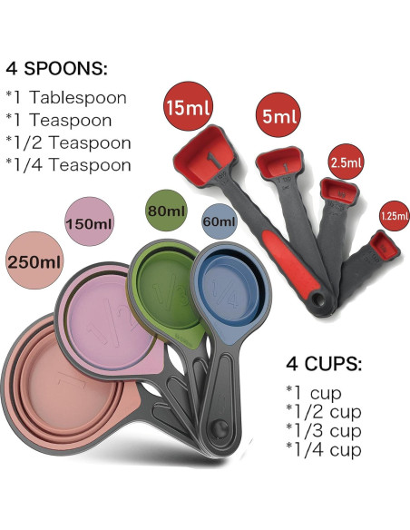 Juego de Tazas y Cucharas Medidoras Silicona Grandfort 8 Piezas
