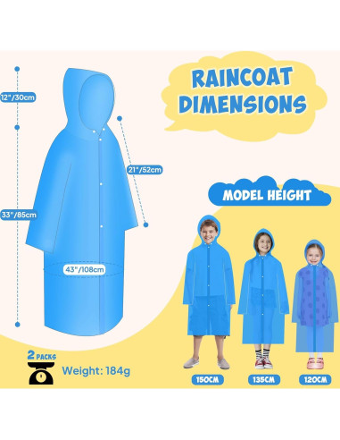 Poncho de Lluvia para Niños ANYOO Azul Impermeable 2 Paquete