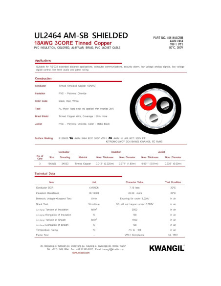 Cable Blindado 18AWG 3C KWANGIL 7.62m PVC Flexible