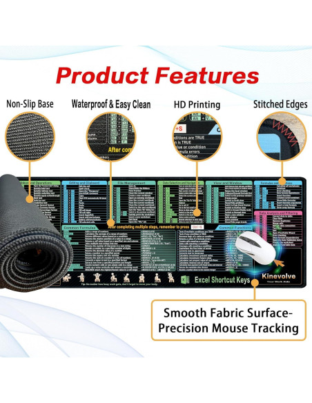 Alfombrilla de Ratón XL Kinevolve con Atajos de Excel 80x30 cm