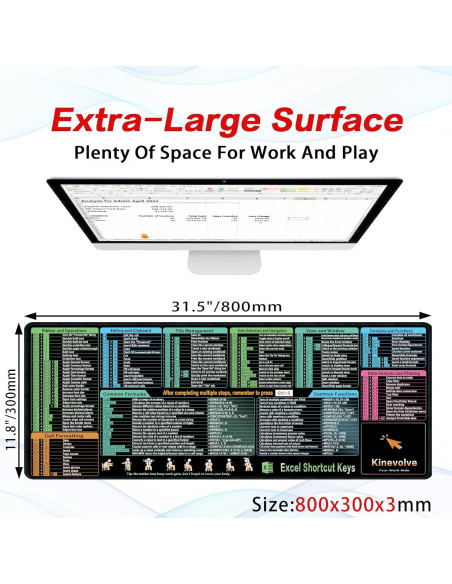 Alfombrilla de Ratón XL Kinevolve con Atajos de Excel 80x30 cm