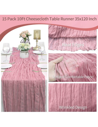 15 Corredores de Mesa de Gasa Rosa Polvoriento 90x300cm