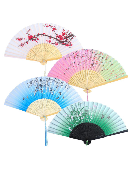 Aneco 4 Abanicos Plegables de Seda para Bodas y Fiestas