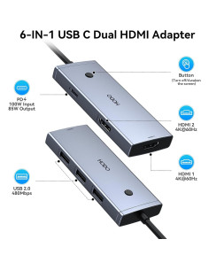Adaptador USB C a HDMI Dual 4K 60Hz HODO 6 en 1 con 3 USB 2