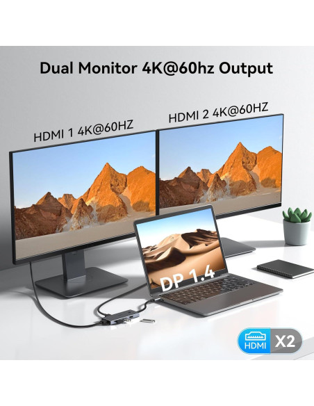 Adaptador USB C a HDMI Dual 4K 60Hz HODO 6 en 1 con 3 USB