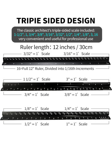 Regla Triangular Arquitectónica Rena Chris 30.48 cm Aluminio Negro