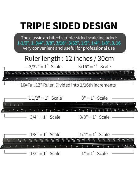 Regla Triangular Arquitectónica Rena Chris 30.48 cm Aluminio Negro