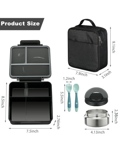 Juego de Almuerzo Bento Howeemo con Termo 1600ml y 4 Compartimentos