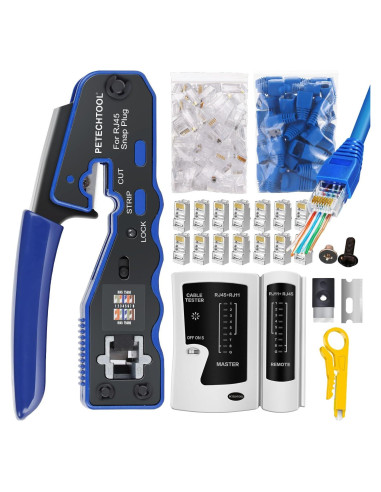 Kit Crimpadora RJ45 Pasante PETECHTOOL con 50 Conectores Cat6